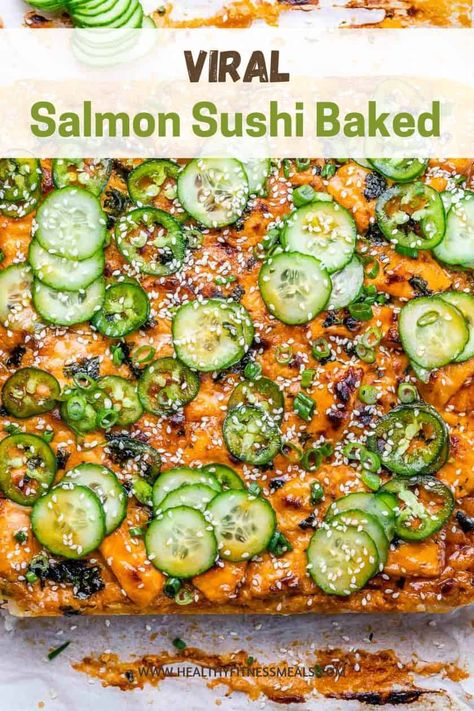 Salmon Sushi Bake is like a deconstructed California roll and it’s SO addicting! It’s also really easy to make! Canned Salmon Sushi Bake, Salmon Bake Sushi Recipes, Baked Salmon Roll Sushi, Salmon Cream Cheese Sushi Roll, Spicy Salmon Roll Sushi, Aip Diet Recipes, Sushi Ingredients, Sushi Bake, Salmon Sushi