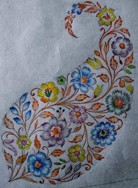 Saree Embroidery Design Sketch, Floral Hand Painted Fabric, Mango Embroidery Design, Fabric Painting With Aari Work, Buta Design Hand Work, Fabric Colour Painting, Saree Painting Designs, Fabric Paint Diy, Saree Painting