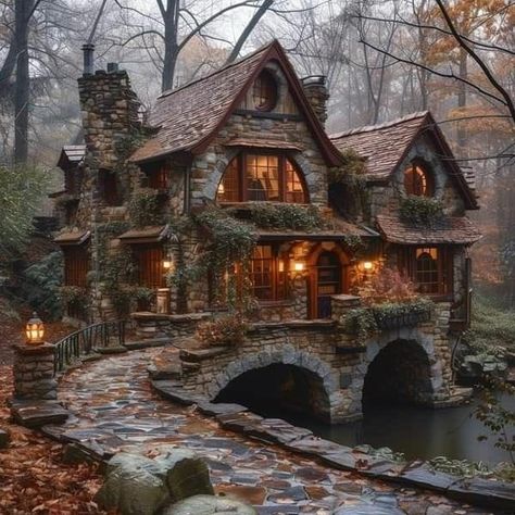 Gothic Tiny House, Houses In The Woods, Gothic Cottage, Fairytale Houses, Fairytale House, Storybook Homes, Stone Cottages, Fantasy Homes, Dream Cottage