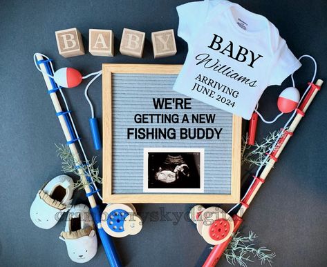 Fishing Baby Shower Ideas, Outdoor Baby Announcement, Fishing Baby Announcement, Fishing Pregnancy Announcement, Beach Baby Announcement, Fishing Gender Reveal, Baby Announcement Social Media, Fishing Baby Shower Theme, Baby Shower Fishing