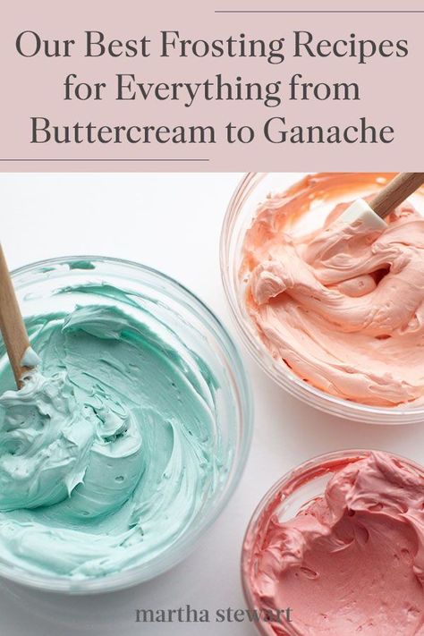 When decorating cakes, cupcakes, cookies, and other baked goods, each type of frosting has its place and helps everything taste even better. We share our best frosting recipes for quick vanilla frosting, easy chocolate buttercream, white icing, cream cheese frosting, Italian meringue buttercream, and more classic frostings! #marthastewart #recipes #frostingrecipeideas #dessert #dessertrecipes #pastryrecipes Different Types Of Icing Recipes, Types Of Icing For Cakes, Cake And Frosting Pairings, Unique Buttercream Flavors, Frosting Flavors For Vanilla Cake, No Butter Icing, Cake And Frosting Combinations, Rolled Buttercream Recipe, Best Decorating Frosting