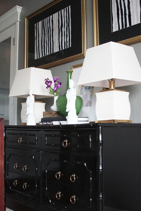 Love these lamps Bamboo Dresser, Black Dresser, South Shore Decorating, Bamboo Furniture, White Table Top, Tabletop Accessories, Painting Furniture, Faux Bamboo, Room Tour