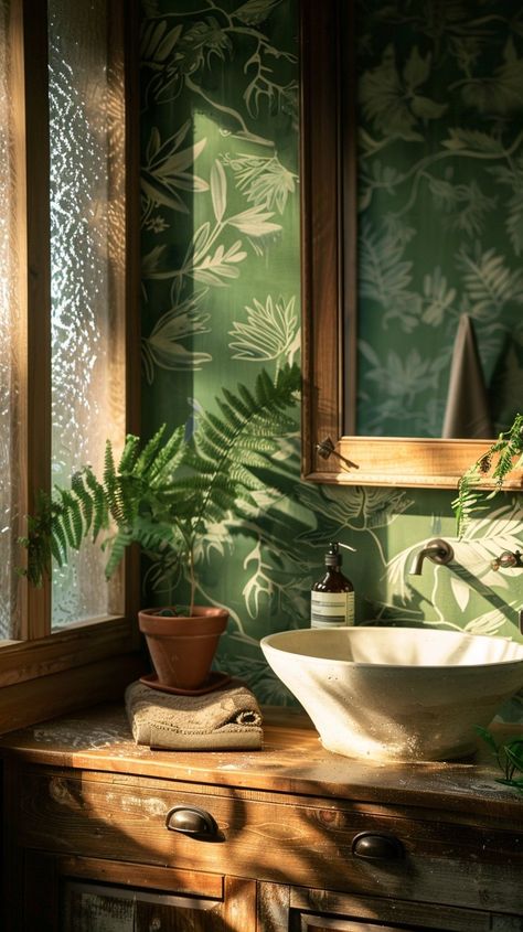 15 Stunning Bathroom Wallpaper Trends To Try Now - Planted Shack Bohemian Bathroom Wallpaper, Jungle Wallpaper Toilet, Wallpaper Behind Mirror In Bathroom, Cuban Bathroom, Jungle Wallpaper Bathroom, Mirror In Bathroom, Bathroom Wallpaper Trends, Wallpaper Toilet, Cream Bedroom Ideas