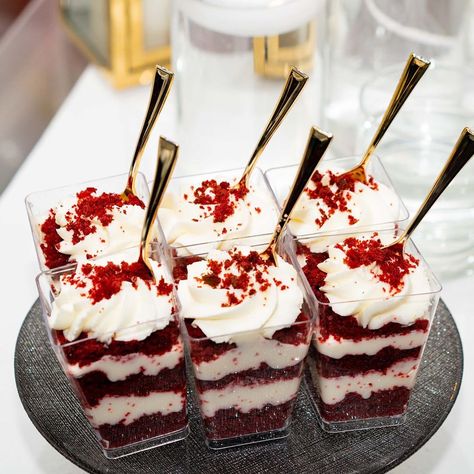 Red Velvet Wedding Cake With Cupcakes, Maroon Wedding Dessert Table, Red Velvet Dessert Shooters, Red Velvet Cheesecake Cups, Red And Gold Sweets Table, Red White And Gold Dessert Table, Burgundy Wedding Dessert Table, Red Velvet Cake Shooters, Maroon Desserts