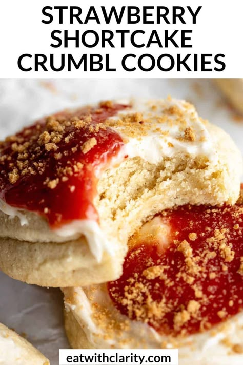 These gluten free crumbl cookies are soft, thick and so chewy. With a strawberry shortcake flavor, these gluten free cookies are the perfect spring recipe. These cookies can be made dairy free and vegan! Copycat Crumbl Cookies, Best Gluten Free Cookies, Strawberry Shortcake Cookies, Crumble Cookie Recipe, Crumble Cookie, Gluten Free Cookie, Gluten Free Sugar Cookies, Dairy Free Cookies, Cookie Base