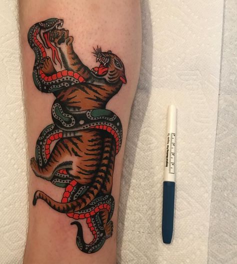 Snake And Tiger Tattoo, Tiger And Snake Tattoo, Snake Back Tattoo, Barcelona Tattoo, Fake Skin, Panther Tattoo, Tiger Tattoo, Snake Tattoo, American Traditional Tattoo