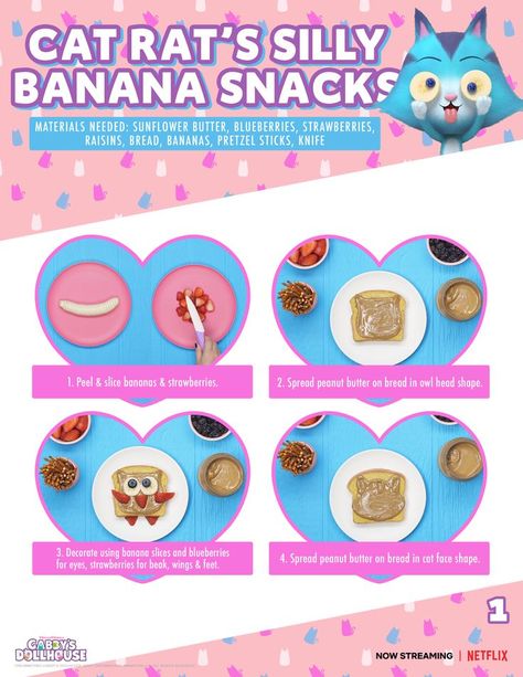 Banana Snacks, Gabby Dollhouse, Preschool Snacks, Doll House Crafts, Dollhouse Food, 4th Birthday Parties, Crafts For Girls, Fun Crafts For Kids, Kids Snacks