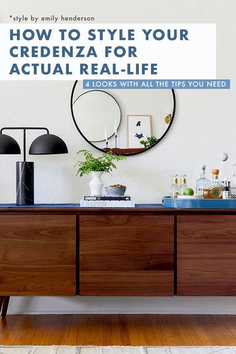 How to Style Your Credenza for Actual real-Life | Emily Henderson #homedecor #style #interiors Credenza Under Window, Styling A Credenza, Tabletop Styling, Credenza Styling, Tv Credenza, My Birthday Month, Emily Henderson, Styling Inspiration, Bedroom Refresh