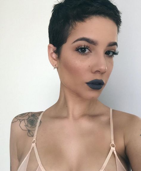 Halsey Pixie, Dramatic Lipstick, Cosmetics Campaign, Buzzed Hair Women, Shaved Hair Women, Girls With Shaved Heads, Shaved Head Women, Buzzed Hair, Bald Hair