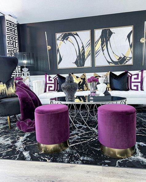 Glam Livingroom, Girl Apartment Decor, Purple Living Room, Glam Living Room Decor, Elegant Living Room Decor, Purple Theme, Room Decor Living Room, Gold Living Room, Glam Living Room