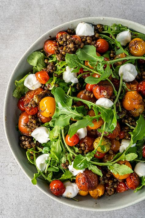 Recipe: Roasted Cherry Tomato Salad with Lentils, Rocket & Buffalo Bocconcini Salads With Bocconcini, Recipe With Bocconcini, Rocket Salad Recipe, Bocconcini Recipes, Tomato Bocconcini Salad, Lentil Salads, Rocket Recipes, Salad With Lentils, Bocconcini Salad