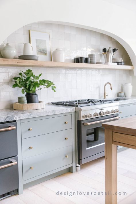 Cabinets in Benjamin Moore’s Duxbury Gray, walls/arch in Benjamin Moore’s White Dove Bm White Dove Walls, Stained Accent Wall, Duxbury Gray, White Dove Walls, Bm White Dove, Design Loves Detail, Custom Kitchen Island, Basement Kitchen, Countertop Colours