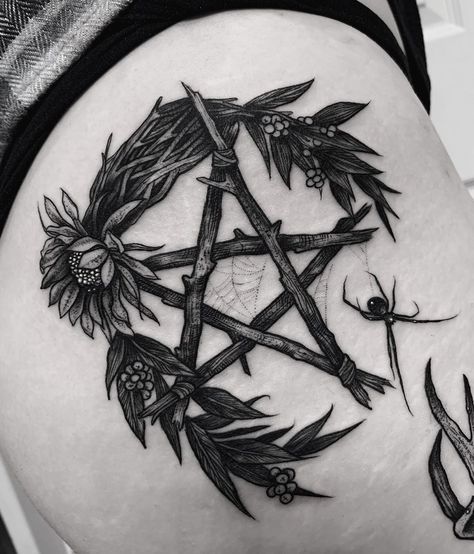 Stick Pentagram Tattoo, Pentagram Tattoo Wicca, Pentacle Tattoo, Wicca Tattoo, Grey Witch, Pentagram Tattoo, Witchcraft Tattoos, Pagan Tattoo, Dark Tattoos