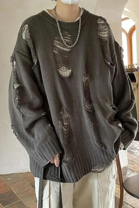 Clothes With Holes Aesthetic, Ripped Knit Sweater Outfit, Ripped Clothing Aesthetic, Tattered Sweater Outfit, Grunge Hoodie Design, Ripped Sweater Outfit Men, Distressed Knitted Sweater, How To Distress A Sweater, Sweater With Holes Outfits