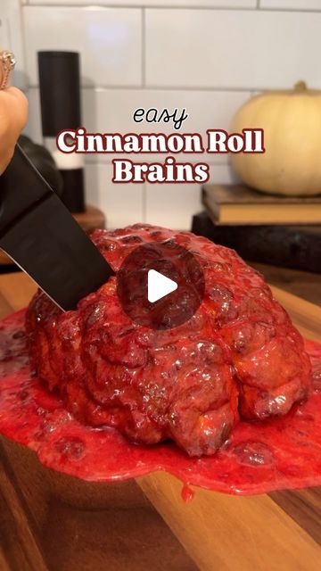 Chas | Plants and Pets 🪴🐾 on Instagram: "What you’ll need 👇🏼 

Ingredients:
• 2 cans of cinnamon rolls
• Strawberry preserves 

Directions:
1. Unroll each cinnamon roll and fill your brain mold or a sheet pan with squiggly lines 

2. Bake according to instructions - with the brain we had to cook it longer to make sure it was cooked in the middle. I didn’t keep time but I believe it was around 10 extra minute).

3. Mix icing and preserves — I ended up using almost a full jar

4. Once your brain or guts have cooled, pour the icing mixture over and enjoy! 🧟🧠 

This one is too easy NOT to try! 😉 

Does eating canned cinnamon rolls always feel nostalgic to anyone else? 🥹 lol

#halloweenfood #easyrecipes #halloweenbaking #halloweentreats #halloweenmood #halloweensweets #spookyseason" Cinnamon Roll Brains Halloween, Halloween Cinnamon Rolls, Brain Mold, Canned Cinnamon Rolls, Squiggly Lines, Strawberry Preserves, Halloween Sweets, Halloween Baking, Halloween Dinner