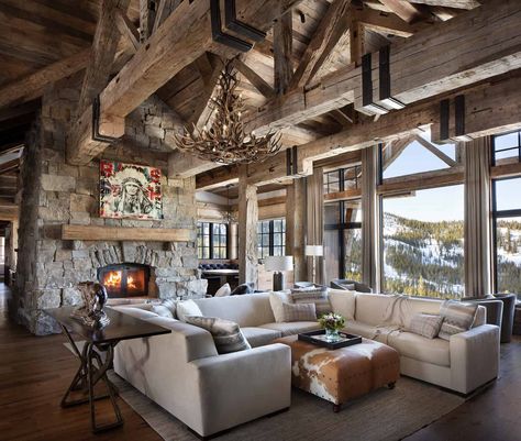 This rustic Montana getaway home has impressive mountain views Western Interior Design, Rustic Mountain Homes, Sky Architecture, Western Interior, Big Sky Montana, Barn Interior, Rustic Home Design, Timber Frame Homes, Crested Butte