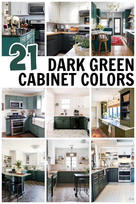 collage of dark green kitchen cabinets painted Green Kitchen Paint Colors, Dark Green Kitchen Cabinets, Dark Green Cabinets, Dark Green Paint Colors, Green Kitchen Paint, Green Kitchen Cabinet, Dark Green Paint, Dark Green Kitchen, Kitchen Renovation Inspiration