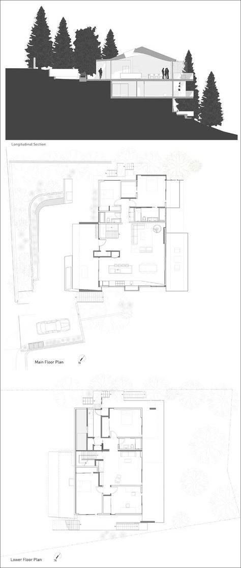 This is the cross section and floor plans of a modern two-level family house that sits on a hill in California. Curved Wood Ceiling, House Built Into Hill, Split Level House Design, House Built Into Hillside, Slope House Design, Sloping Lot House Plan, Slope House, Modern Family House, Modern House Floor Plans