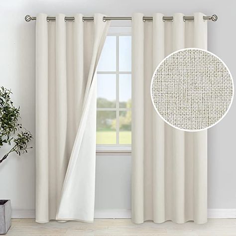 Amazon.com: YoungsTex Linen 100% Blackout Curtains 63 Inches Long for Bedroom, Linen Textured Grommet Thermal Insulated Full Room Darkening Curtains with White Liner, 2 Panels, 52 X 63 Inch, Lined : Home & Kitchen White Curtains Living Room, Long Window Curtains, Bedroom Linen, Linen Blackout Curtains, Small Room Design Bedroom, White Liner, Drapes For Living Room, Have A Good Sleep, White Liners