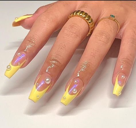 Yellow French pearl 💛 Yellow French, Yellow Nails, Nails, Yellow, Beauty