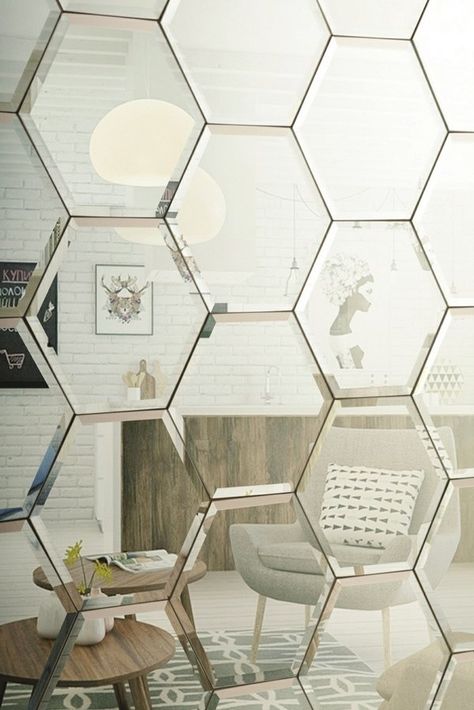 Mirror tile wall creative modern home decorating ideas wooden table living room Tiles For Bedroom, Mirror Wall Tiles, Hexagon Mirror, Rustic Wall Mirrors, Mirror Wall Living Room, Mirrored Wall, Mirror Design Wall, Mirror Wall Bathroom, Mirror Tiles