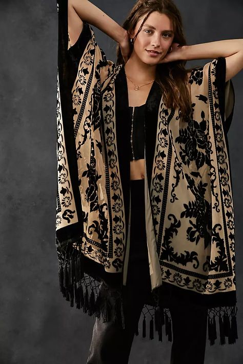 Daisy Jones & the Six Collection | Free People Velvet Fringe Kimono, Velvet Fringe, Maxi Kaftan, Velvet Kimono, Fringe Kimono, Sheer Kimono, Floral Print Design, Look Chic, Long Cardigan