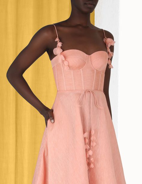 Wonderland Midi Corset Dress Dusty Pink Online | Zimmermann Zimmerman 2024, Midi Corset Dress, Flower Ear Cuffs, Flower Women, Resort 2024, Pink Corset, Linen Summer, Linen Midi Dress, Dress Dusty