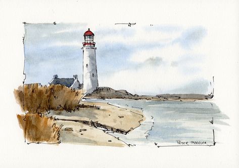 Watercolour And Pen Art Landscape, Watercolour Lighthouse, Peter Sheeler, Watercolour Tutorial, Watercolor House Painting, Janet Hill, Watercolor Art Landscape, Lighthouse Painting, Watercolor Workshop