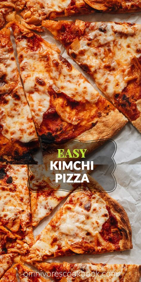 Asian Pizza Recipes, Kimchi Pizza Recipe, Kimchi Dishes, Fusion Pizza, Asian Pizza, Kimchi Pizza, Easy Kimchi, Pasta Restaurant, Fermented Cabbage