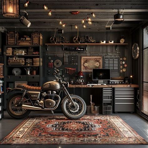 Motorcycle Office Design, Motorcycle Garage Workshop, Garage Layout, Garage Workshop Layout, Black Garage, Gear Room, Man Garage, Garage Design Interior, Garage Workshop Organization