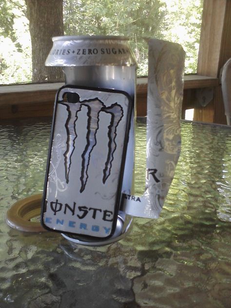 This iPhone case made from an actual Monster Energy drink can.  Cut from the can w/ a utility knife and clear-coated with two coats of polyurethane. Monster Energy Phone Case, Energy Drink Can Crafts, What To Do With A Monster Can, Monster Energy Can Ideas, Monster Energy Drink Can Crafts, What To Do With Monster Cans, Monster Drink Diy, Things To Do With Monster Cans, Monster Energy Diy