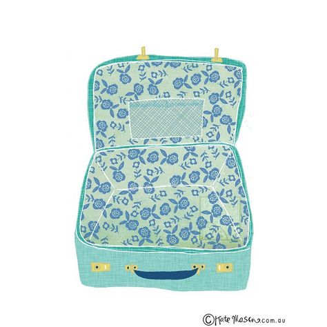 Pretty little vintage suitcase illustrated for @projectadelaide #illustration #messymisskate #suitcase #floralfabric #surfacepatterndesign #vintagesuitcase #vintage #projectadelaide | by Kate Mason @ messy Miss Kate Flatlay Illustration, Trunk Illustration, Suitcase Illustration, Suitcase Art, Graphic Wall Art, Art Zine, Bag Illustration, Naive Illustration