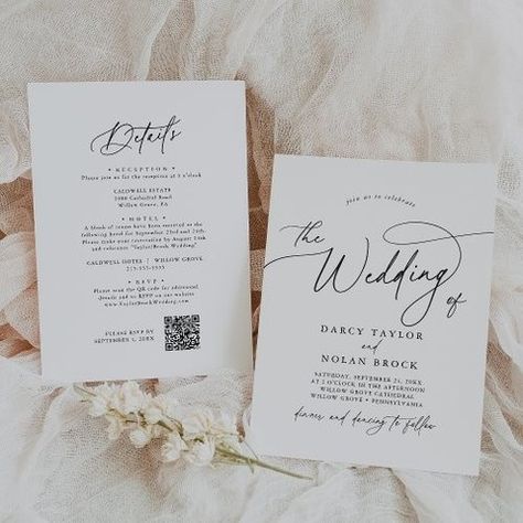 These simple double-sided wedding invitations are perfect for the modern minimalist couple. With their timeless black and white design and romantic calligraphy, they're sure to impress your guests. Plus, use the QR code for easy RSVPs!⁠ ⁠ 👉 Shop the look: Search 'k086 wedding' in the Fresh & Yummy Paperie shop on Zazzle (link in bio)⁠ ⁠ ⁠ #freshandyummypaperie #zazzlemade #zazzle #wedding #weddings #weddingstationery #weddinginvitation #weddinginvites #blackandwhitewedding #simplewedding #min... Double Sided Wedding Invitations, Gold Wedding Invitations, Black And White Design, Simple Weddings, Gold Wedding, Be Perfect, Modern Minimalist, Wedding Stationery, Wedding Invitations