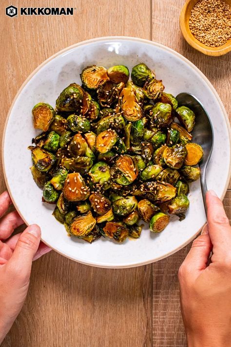 Pork Brussel Sprout Bowl, Teriyaki Brussel Sprouts, Asian Fall Recipes, Teriyaki Vegetables, Kikkoman Teriyaki Sauce, Brussel Sprouts Appetizer, Asian Brussel Sprouts, Pork Side Dishes, Freezing Brussel Sprouts