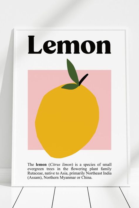 Lemon Fruit Print | Lemon Poster | Digital Download | Minimalistic Art Print Lemon | Wall Art Poster Lemon Poster, Lemon Wall Art, Lemon Design, Italian Posters, Lemon Art, Minimalistic Art, Lemon Fruit, Fruit Wall Art, Lemon Print