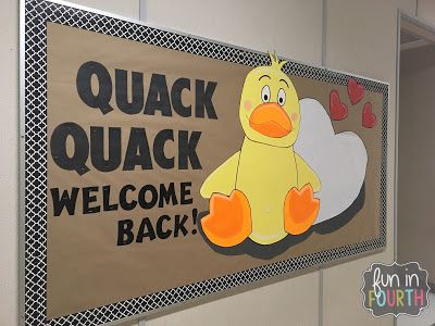 Quack quack welcome back Welcome Bulletin Boards, College Bulletin Boards, Art Bulletin Boards, Preschool Boards, Bulletin Board Paper, Ra Bulletin Boards, Infant Classroom, Diy Classroom Decorations, Preschool Bulletin