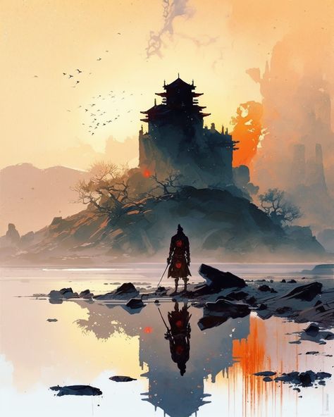 Castle Illustration, Castle Drawing, Japanese Castle, Mountain Drawing, Artwork Inspiration, Japanese Artwork, Japanese Illustration, Ipad Art, Rising Sun