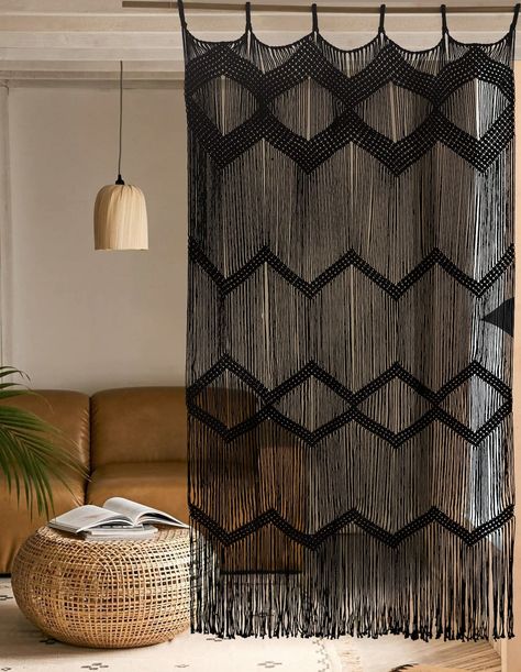 PRICES MAY VARY. Size :Macrame cutrain black Dimensions:42"W（107cm）x 75"H（190cm） Material:Hand knot macrame cord black, 100% cotton. Funtion: macrame curtain is beautiful in any doorway and is a perfect way to cover an open closet to draw attention away form what's inside.Aslo perfectly fit in a bed headboard,living room,gallery wall,fire place ,baby's crib etc. Mounting: -macrame hanging, you'll need something sturdy to hang it from. you can use wooden dowel rods from the craft store, Iron nail Macrame Doorway Curtain, Bedroom Headboard Decor, Window Macrame, Boho Window, Curtain Macrame, Wall Fires, Doorway Curtain, Black Macrame, Headboard Decor