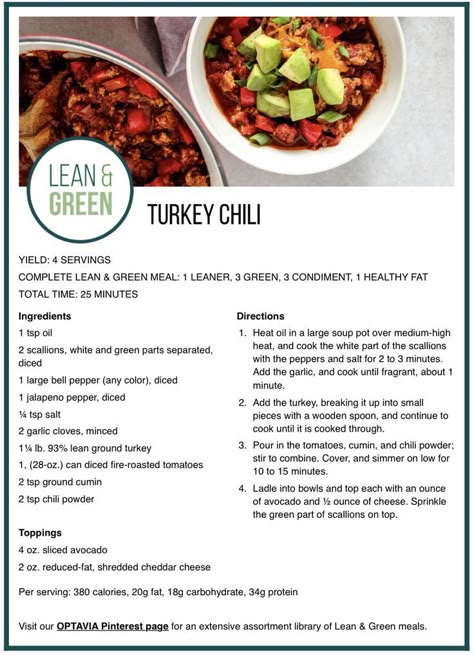 Optavia Chili, Optavia Dinner Recipes, Optavia Turkey, Optavia 5 And 1, Lean And Green Meals Optavia, Turkey Bacon Recipes, Lean Dinners, Green Chili Recipes, Optavia Meals