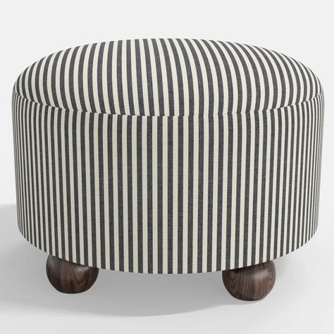 Stoffer Home crafted by Cloth & Company Brooke Upholstered Ottoman - Wayfair Canada Stripe Ottoman, Stoffer Home, Bullion Fringe, Grey Ottoman, Antique Ottoman, Classic Interiors, Ottoman Footstool, Round Ottoman, Upholstered Ottoman