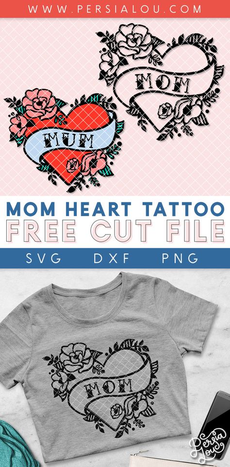 Tattoo Svg Free, Mum Heart Tattoo, Silhouette Challenge, Mom Heart Tattoo, Tattoo Svg, Free Tattoo Designs, Sugar Skull Tattoos, Heart Tattoo Designs, Tshirt Business