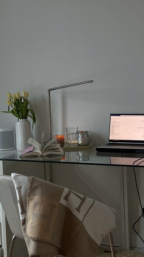 Desk Area In Living Room Apartment, Desk Table Aesthetic, Urban Modern Desk, Glass Desk Setup, Laptop Desk Aesthetic, Glass Desk Aesthetic, Old Money Desk, Desk Area Aesthetic, Aesthetic Desk Area