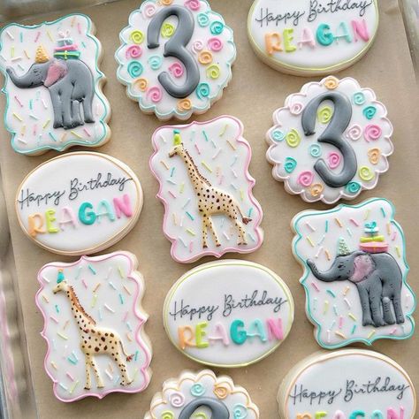 Party Animal First Birthday Girl, Party Animal Birthday Cookies, Party Animal Cookies Decorated, Party Animal Cupcakes, Young Wild And Three Cookies, Party Animal Cookies, Number Cookies, Sugar Cookies With Sprinkles, Animal Themed Birthday Party