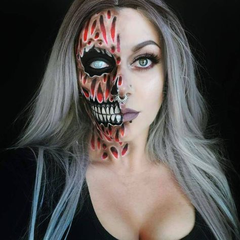 Scary Half Face Makeup, Special Fx Halloween Makeup, Half Zombie Face Makeup, Halloween Makeup Half Face, Gory Halloween Makeup, Zombie Face Makeup, Half Face Halloween Makeup, Scary Face Paint, Half Face Makeup