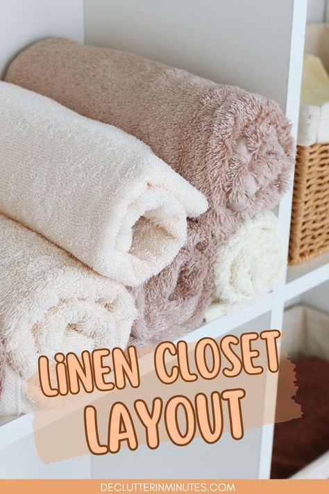 Learn how to create an efficient linen closet layout to organize towels, sheets, bedding, and personal items. This simple guide helps you turn clutter into a neat, organized space that’s easy to maintain. Perfect for anyone looking to optimize their linen closet storage and keep it tidy! Organize Towel Closet, Organize Sheets And Blankets Linen Closets, Organizing A Linen Closet, Custom Linen Closet, Organize Linen Closet Ideas, Organize Towels In Closet, Linen Closet Layout, Blanket Organization In Closet, Organize Hall Closet