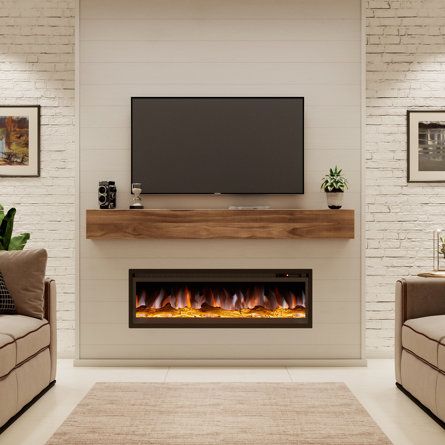 Symple Stuff Dajerin 50'' W Electric Fireplace | Wayfair Wall Mount Tv With Fireplace, Electric Fireplaces With Mantel, In Wall Fireplace Electric, Wall Mounted Electric Fireplace Ideas, Living Room With Electric Fireplace, Fireplace Shelving, Electric Fireplace Inserts, Electric Fireplace Living Room, Electric Fireplace Mantle