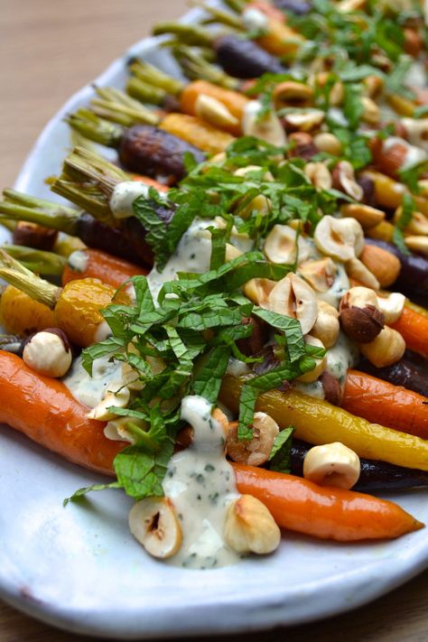 Roasted Carrots w/ Mint & Tahini Sauce | Every Last Bite Carrot Recipes, Tahini Sauce, Beltane, Roasted Carrots, Veggie Dishes, Vegetable Side Dishes, Vegetable Dishes, Food Guide, Clean Eating Snacks