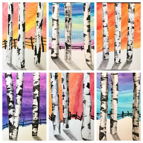 Art with Mrs. Nguyen on Instagram: “❤ REPOST: LOVE these winter birch trees by @lindalou_62 's students! Such a GORGEOUS classic winter project! 😍 Check out her feed!…” Winter Birch Tree Art For Kids, 2nd Grade Watercolor, Winter Art Projects For Kids Elementary, Watercolor Birch Trees, Winter Birch Trees, Color Art Lessons, Winter Art Lesson, 7th Grade Art, Birch Tree Art