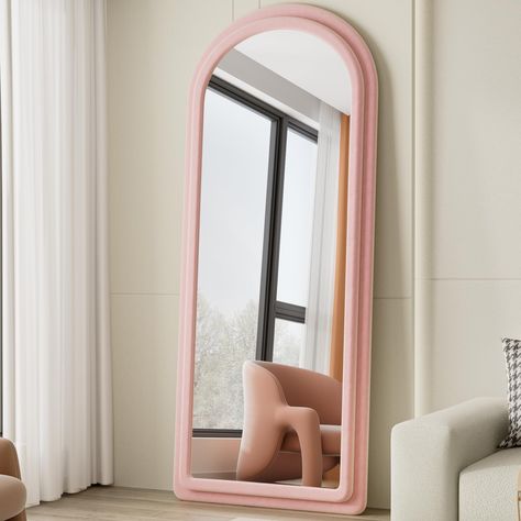 PRICES MAY VARY. 【Arch Top Design】Full length mirror features an arch top design, adding aesthetic appeal and a unique touch to the space. Its elegant curvature provides a touch of sophistication to any room. 【Double Frame】Double layer flannel frame adds texture and enhances the 3D visual effect, making your reflection more vivid. It creates a luxurious, plush feel, elevating the mirror's overall elegance. 【High Quality Glass&Frame】Prioritizing safety and durability, the mirror is equipped with Mirror Nursery Decor, Pink Full Length Mirror, Pink Wall Mirror, Mirror In Apartment, Light Pink Room Decor, Dorm Mirror, Aesthetic Mirrors, Pastel Mirror, Full Length Mirror With Stand