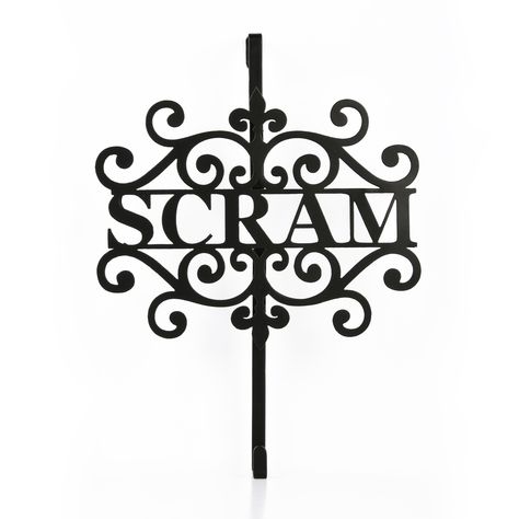 This ornate hanger offers an added greeting to your Halloween wreath display. Constructed of all steel with a matte black finish, the tongue-in-cheek message "Scram" is centered between swirling scrollwork. Wreath Display, Festive Halloween Decor, Company Halloween, Wreath Hangers, Halloween Products, Owl Wreaths, Wreath Hanger, Halloween Charms, Seasonal Wreaths